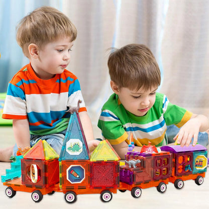 Magnetic Tiles Building Blocks with 4 Cars Magnet Train Set for Kids Construction Stem Toy for Girls Boys Toddlers