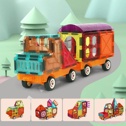 Magnetic Tiles Building Blocks with 4 Cars Magnet Train Set for Kids Construction Stem Toy for Girls Boys Toddlers