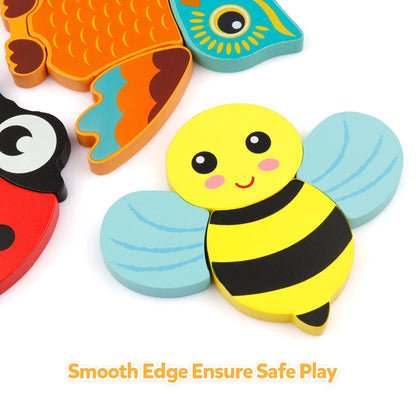 Wooden Jigsaw Puzzle Set, 6 Pack Animal Shape Color Montessori Toy, Fine Motor Skill Early Learning Preschool Educational Gift Game for Years Old