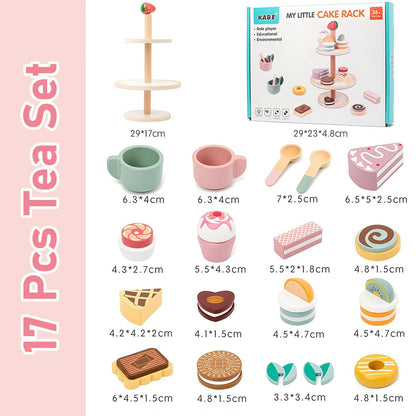 Tea Party Set Dessert Stand Playset ,Wooden Toys Pretend Play Food Kitchen Accessories for Toddler Tea Set Birthday Gift