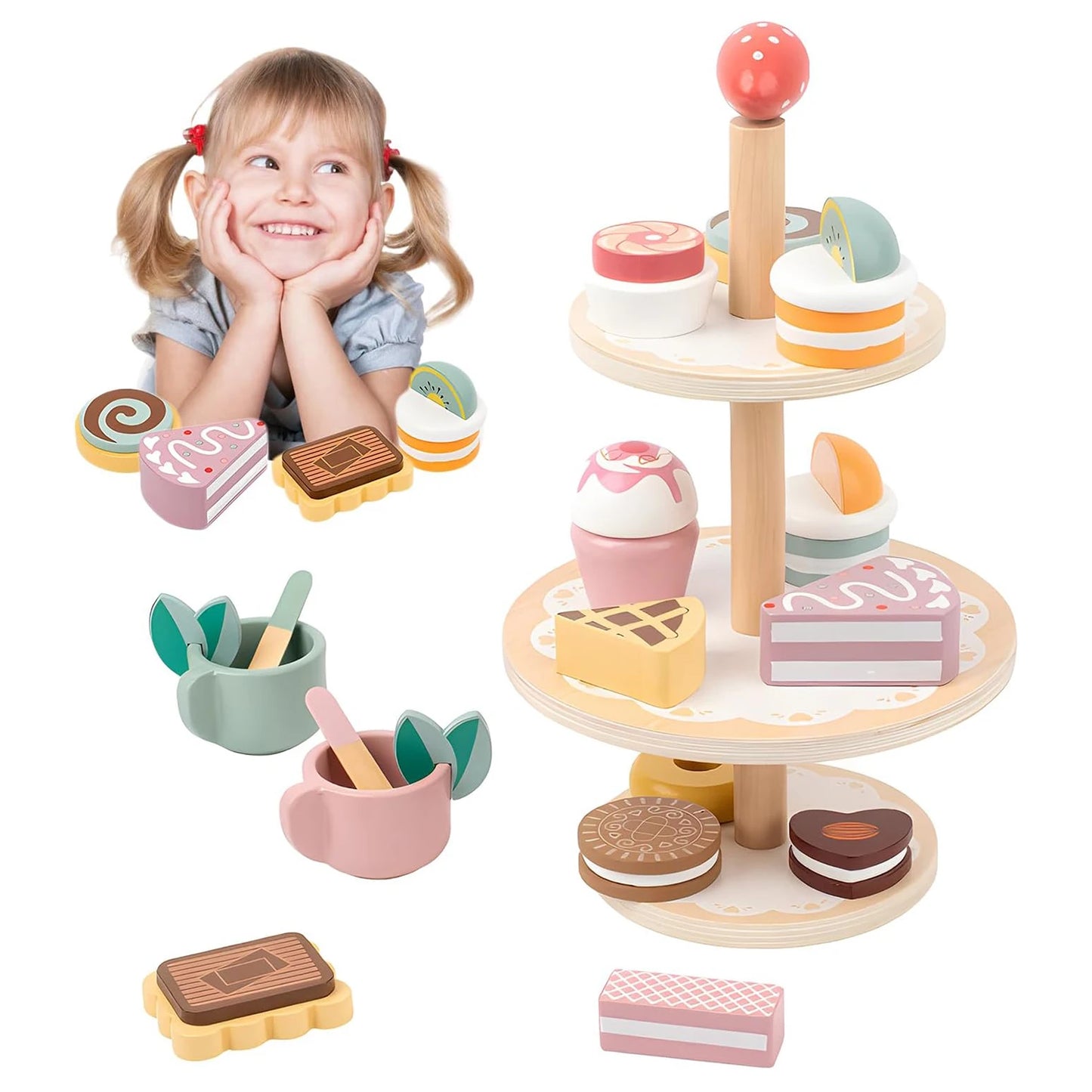 Tea Party Set Dessert Stand Playset ,Wooden Toys Pretend Play Food Kitchen Accessories for Toddler Tea Set Birthday Gift