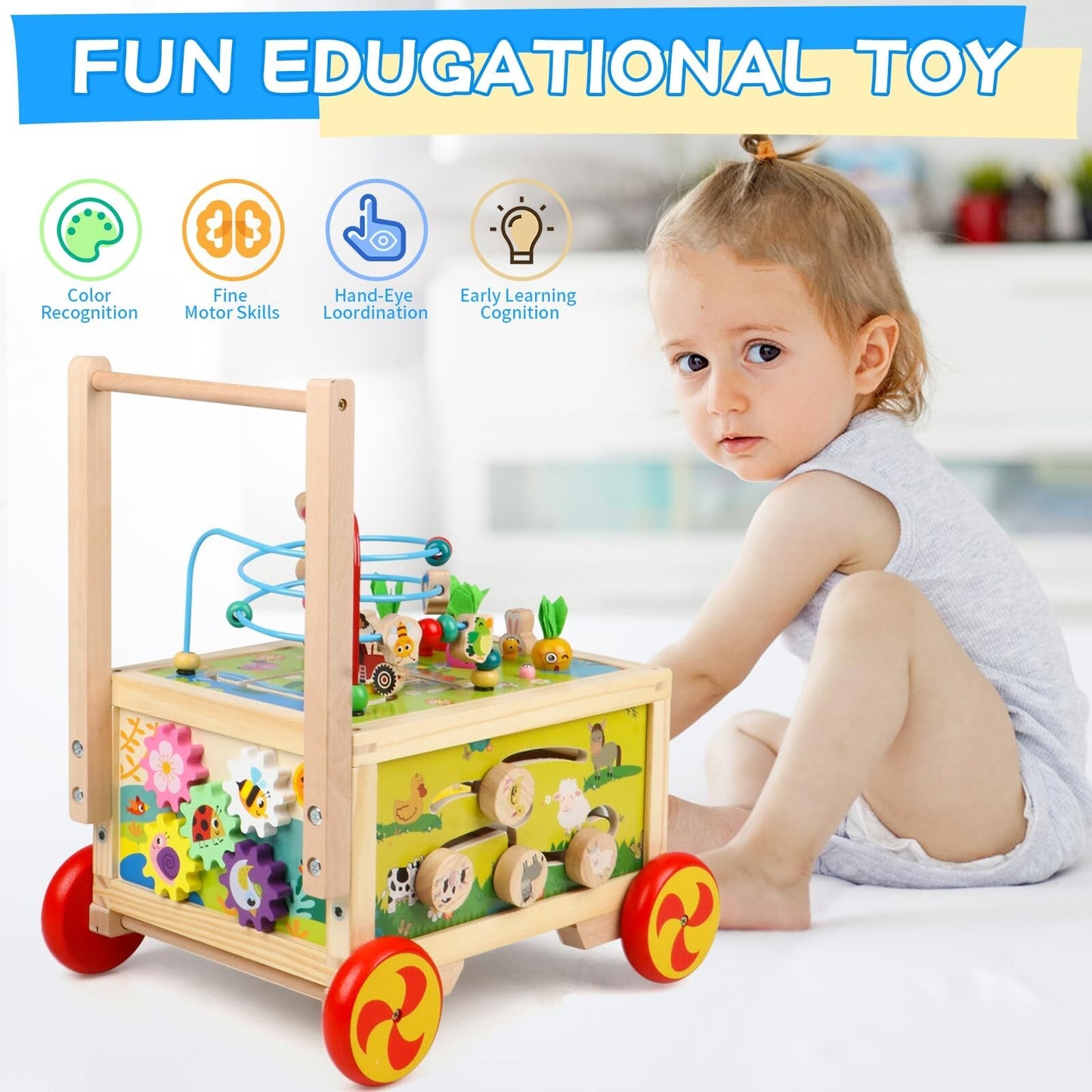 Wooden Activity Cube 7-In-1 Montessori Toy Multipurpose Educational Learning ...