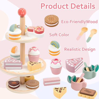 Tea Party Set Dessert Stand Playset ,Wooden Toys Pretend Play Food Kitchen Accessories for Toddler Tea Set Birthday Gift