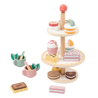 Tea Party Set Dessert Stand Playset ,Wooden Toys Pretend Play Food Kitchen Accessories for Toddler Tea Set Birthday Gift