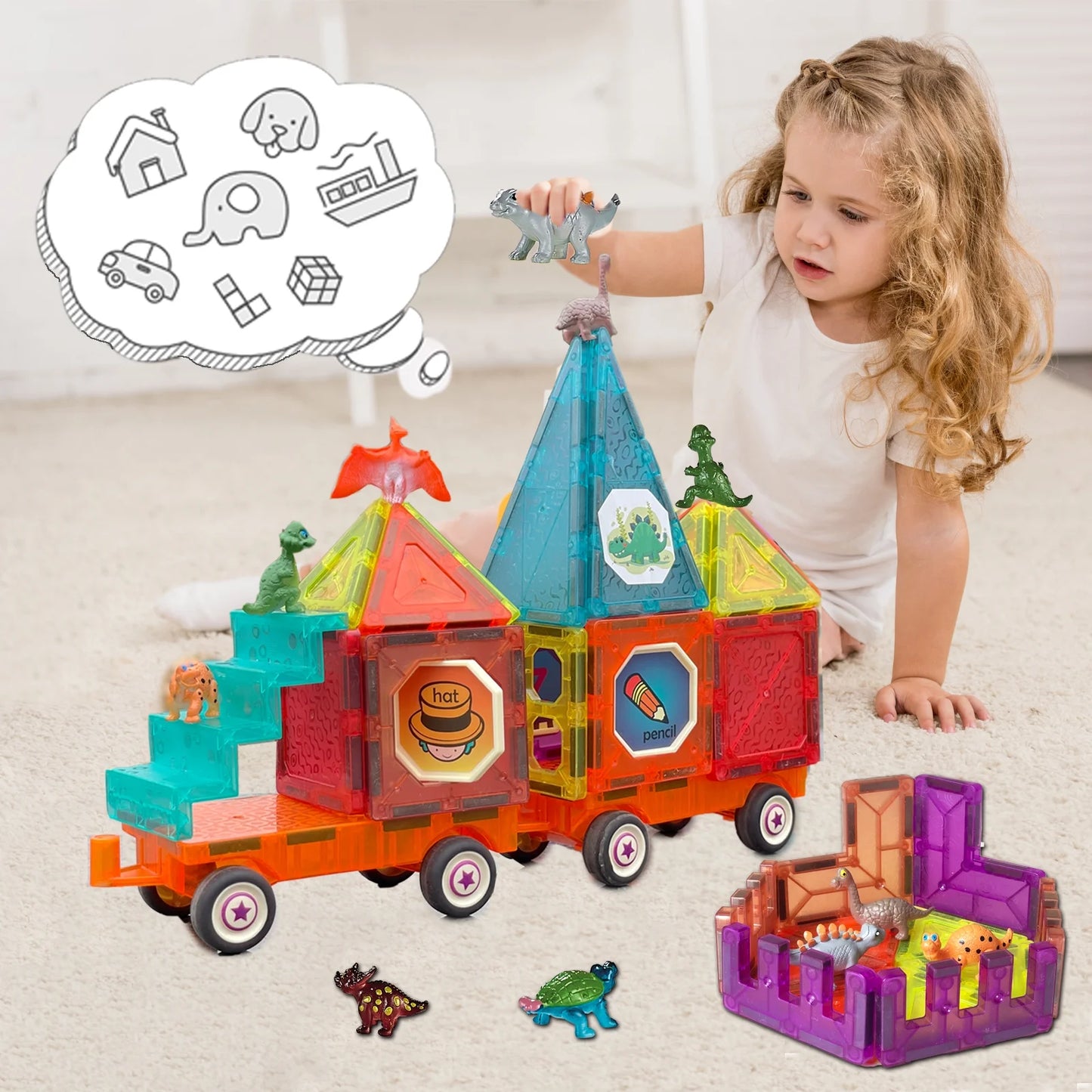Magnetic Tiles Building Blocks with 4 Cars Magnet Train Set for Kids Construction Stem Toy for Girls Boys Toddlers