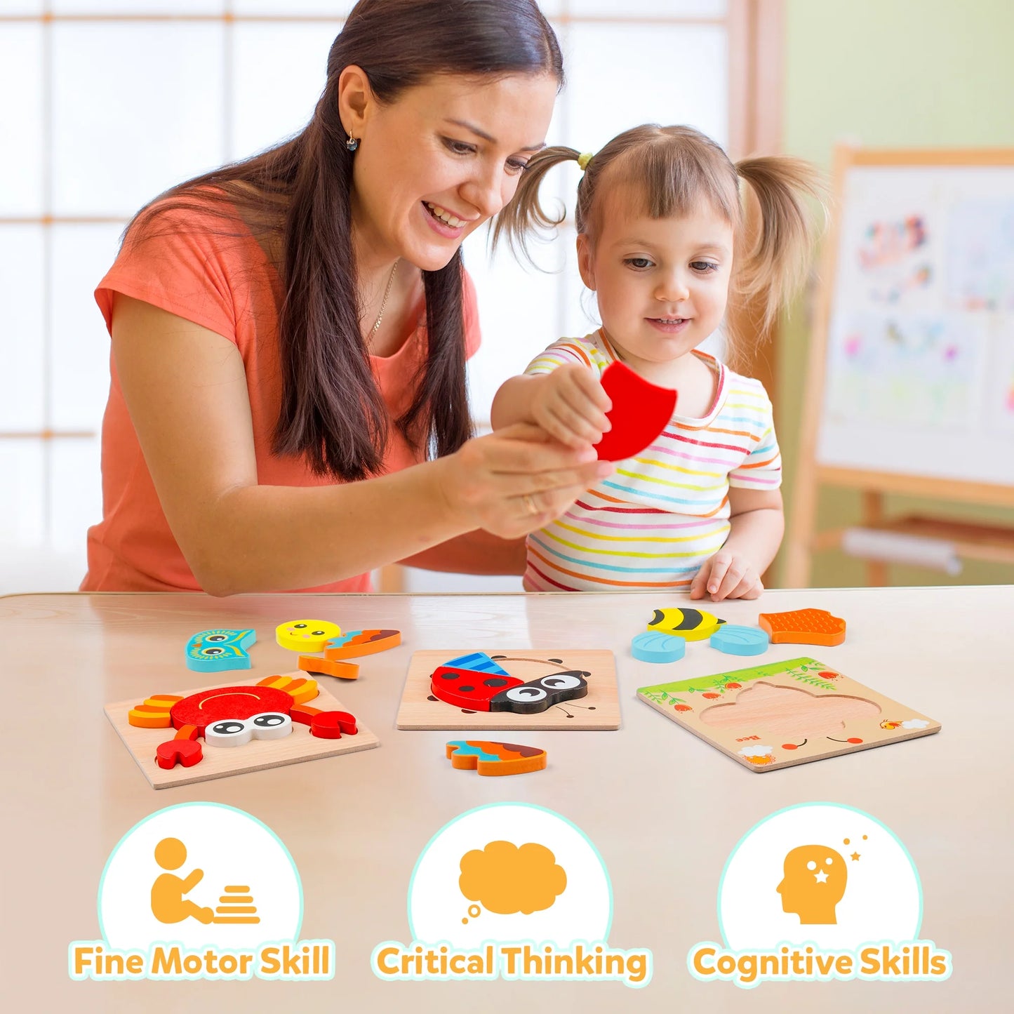 Wooden Jigsaw Puzzle Set, 6 Pack Animal Shape Color Montessori Toy, Fine Motor Skill Early Learning Preschool Educational Gift Game for Years Old
