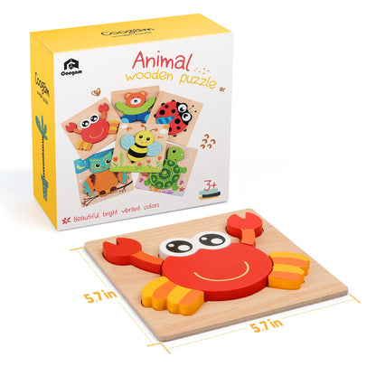 Wooden Jigsaw Puzzle Set, 6 Pack Animal Shape Color Montessori Toy, Fine Motor Skill Early Learning Preschool Educational Gift Game for Years Old