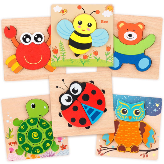 Wooden Jigsaw Puzzle Set, 6 Pack Animal Shape Color Montessori Toy, Fine Motor Skill Early Learning Preschool Educational Gift Game for Years Old