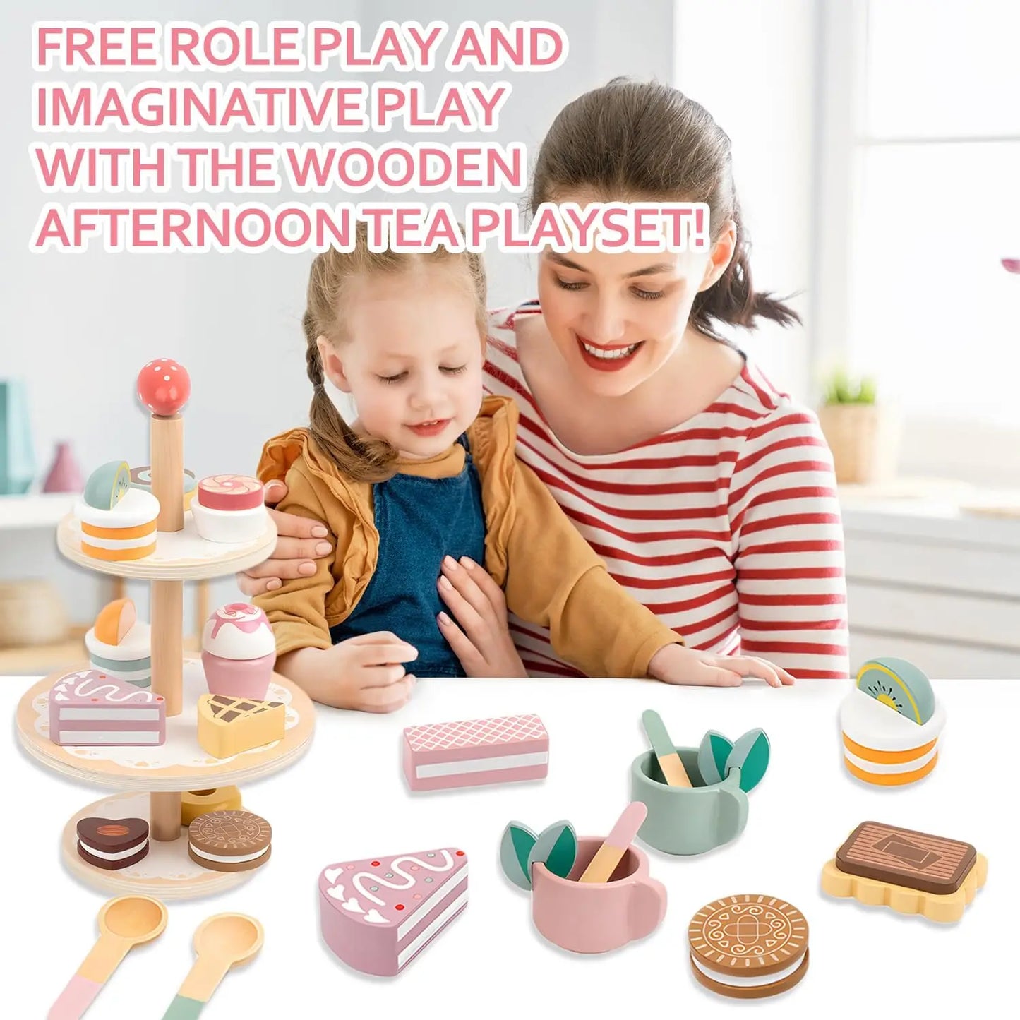 Tea Party Set Dessert Stand Playset ,Wooden Toys Pretend Play Food Kitchen Accessories for Toddler Tea Set Birthday Gift