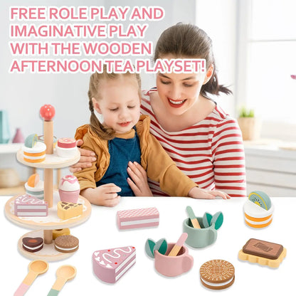 Tea Party Set Dessert Stand Playset ,Wooden Toys Pretend Play Food Kitchen Accessories for Toddler Tea Set Birthday Gift