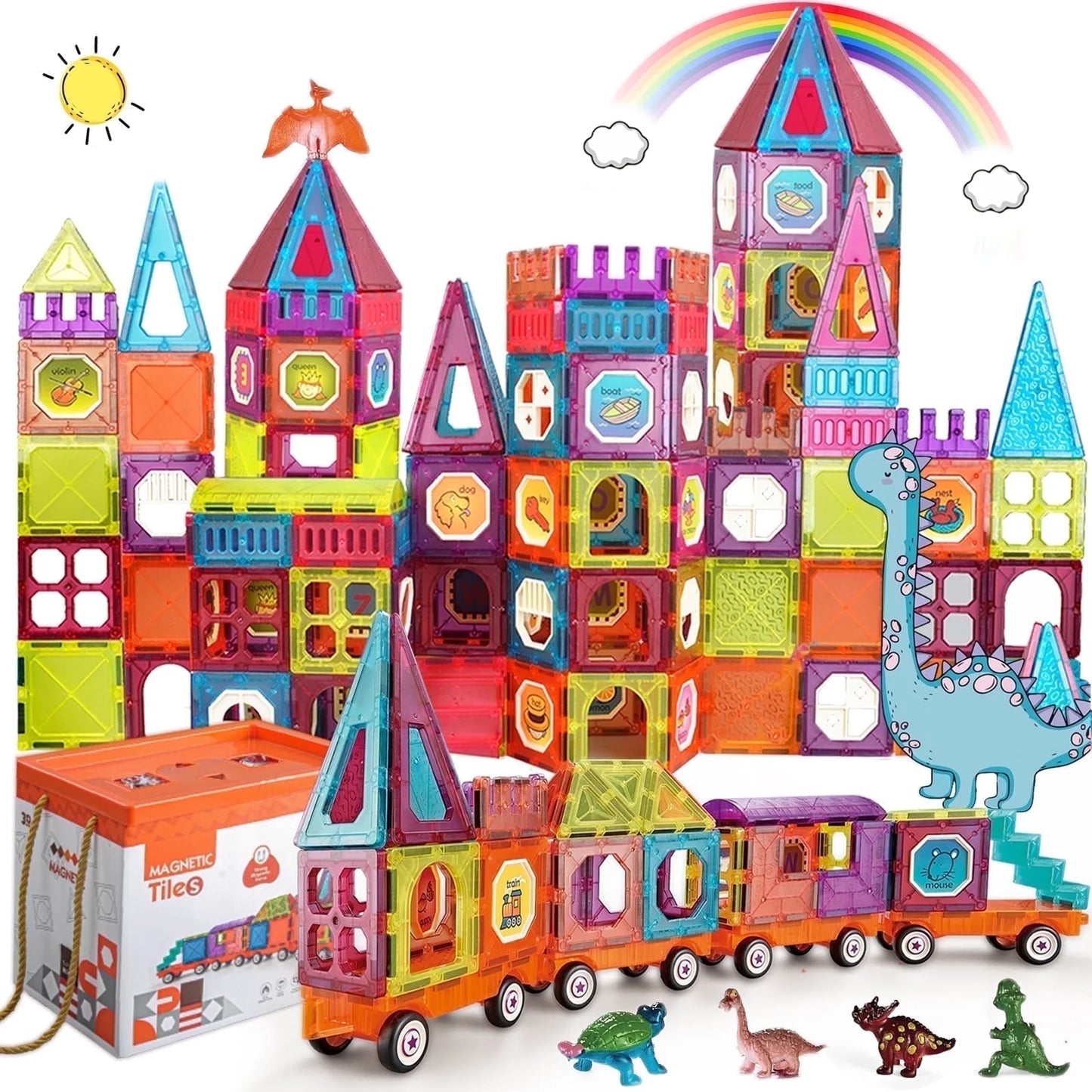 Magnetic Tiles Building Blocks with 4 Cars Magnet Train Set for Kids Construction Stem Toy for Girls Boys Toddlers