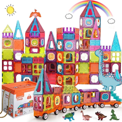Magnetic Tiles Building Blocks with 4 Cars Magnet Train Set for Kids Construction Stem Toy for Girls Boys Toddlers