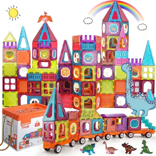 Magnetic Tiles Building Blocks with 4 Cars Magnet Train Set for Kids Construction Stem Toy for Girls Boys Toddlers