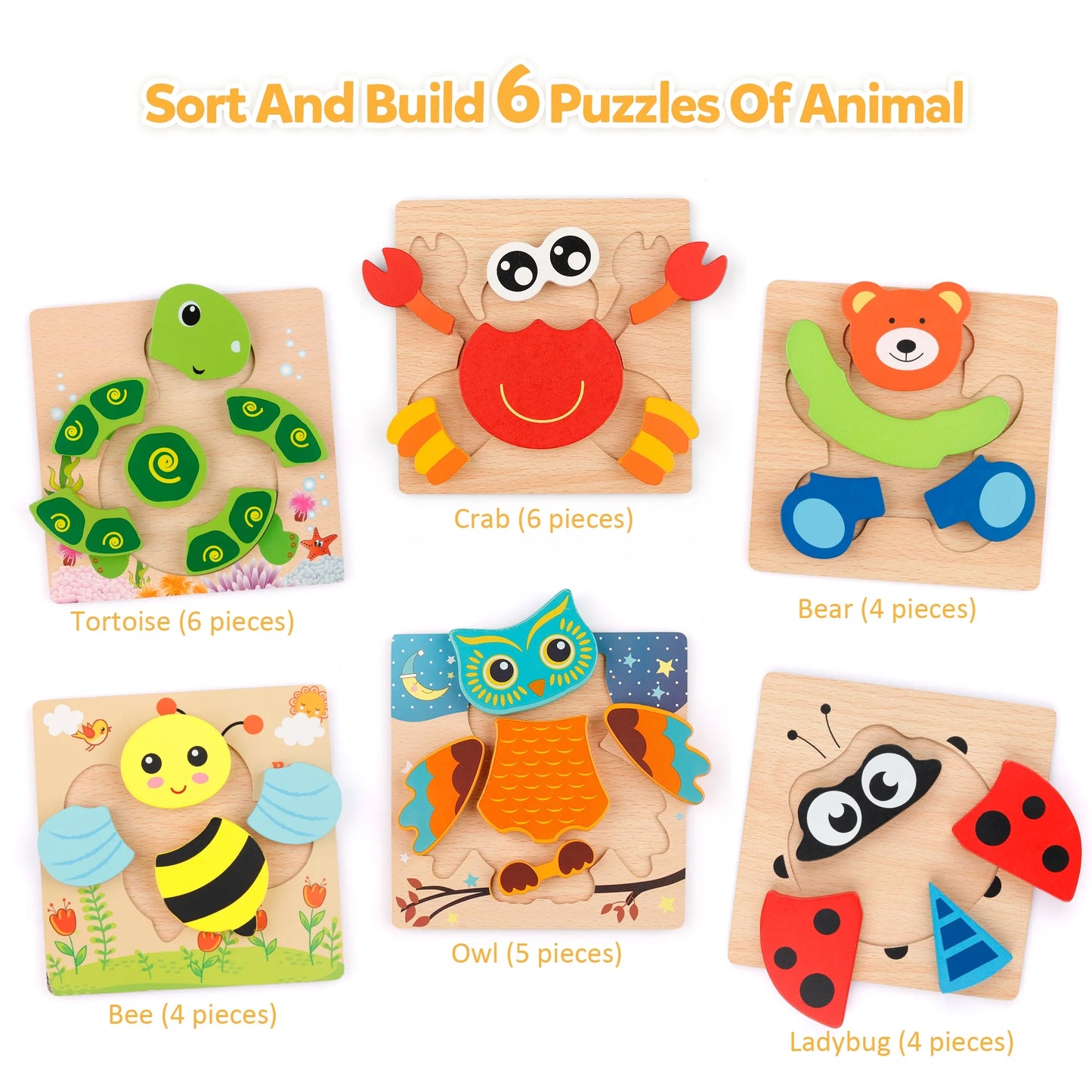 Wooden Jigsaw Puzzle Set, 6 Pack Animal Shape Color Montessori Toy, Fine Motor Skill Early Learning Preschool Educational Gift Game for Years Old