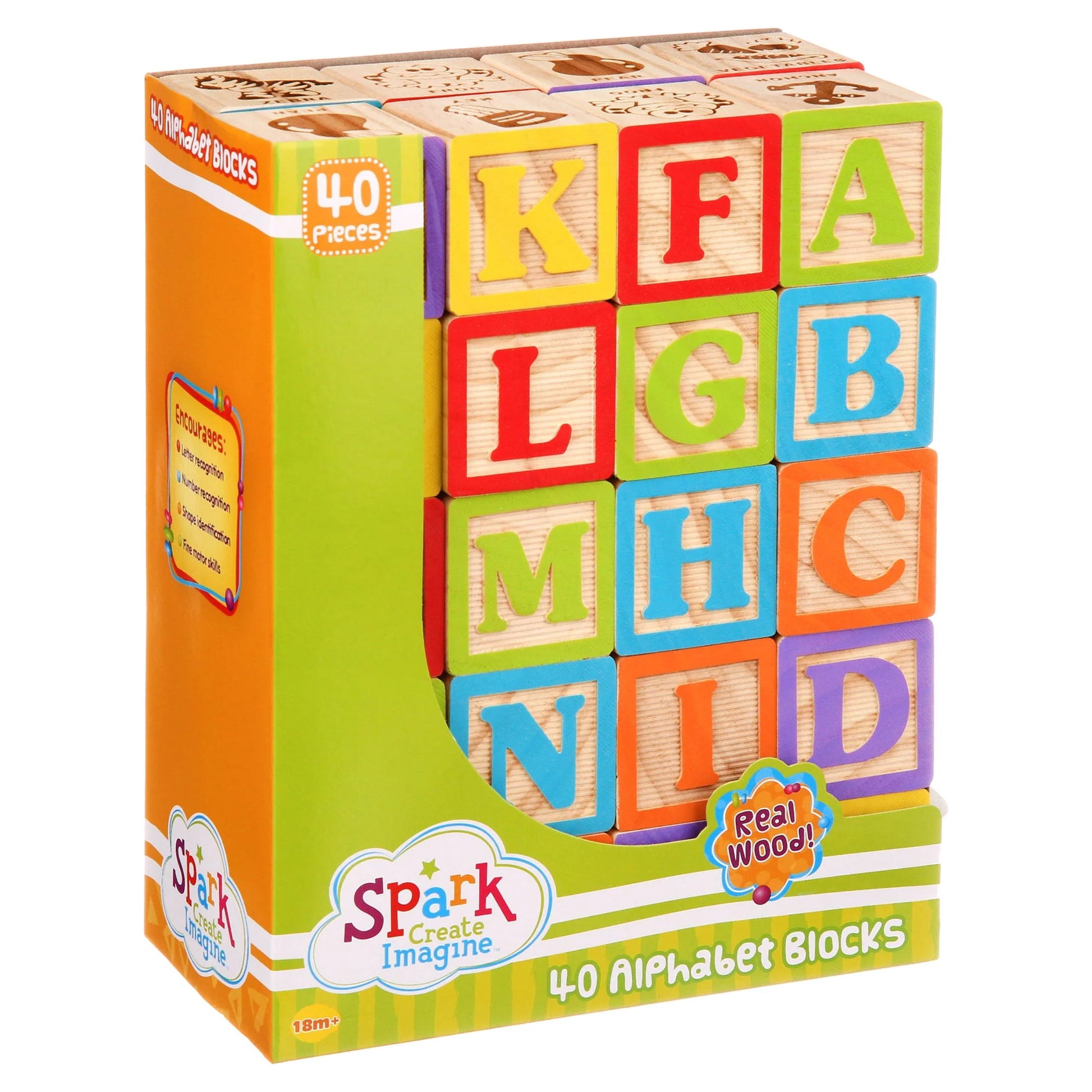 ABC Wooden Blocks, 40 Pieces, Baby and Toddler Toys for Ages 18 Months and Older