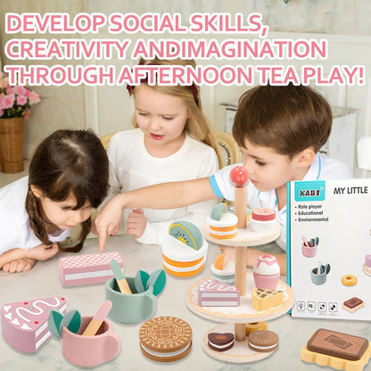 Tea Party Set Dessert Stand Playset ,Wooden Toys Pretend Play Food Kitchen Accessories for Toddler Tea Set Birthday Gift