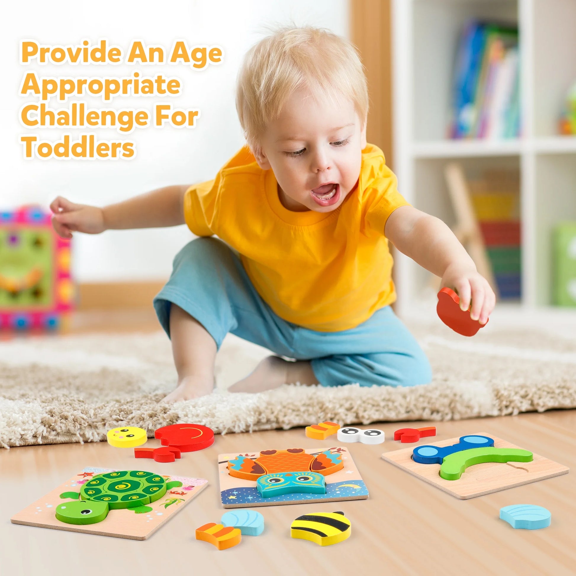 Wooden Jigsaw Puzzle Set, 6 Pack Animal Shape Color Montessori Toy, Fine Motor Skill Early Learning Preschool Educational Gift Game for Years Old