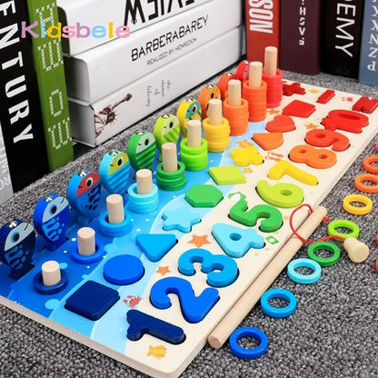 Kids Montessori Math Toys for Toddlers Educational Wooden Puzzle Fishing Toys Count Number Shape Matching Sorter Games Board Toy