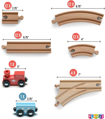 Wooden Train Track 52 Piece Tracks Set Play Thomas Railway System & 2 Toy Trains