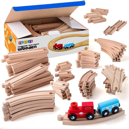 Wooden Train Track 52 Piece Tracks Set Play Thomas Railway System & 2 Toy Trains