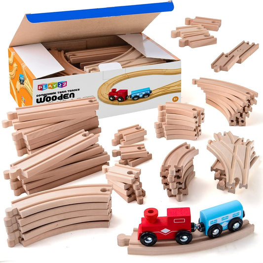 Wooden Train Track 52 Piece Tracks Set Play Thomas Railway System & 2 Toy Trains